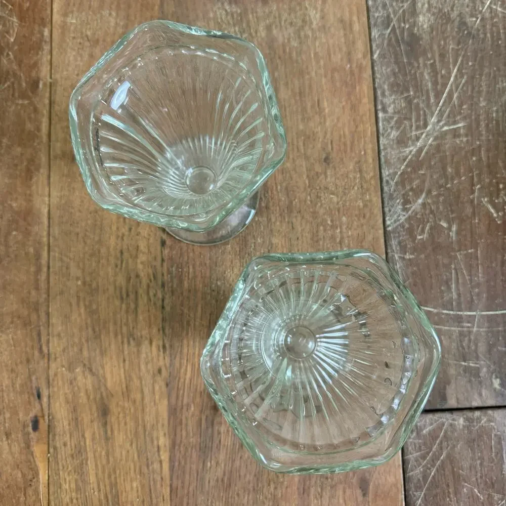 Pair‎ (2) Vintage Clear Ribbed Pedestal Glass Diner Parfait Sundae Glasses
